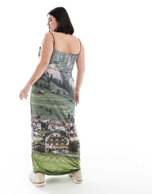 COLLUSION Plus maxi vest dress with scenic print in multi