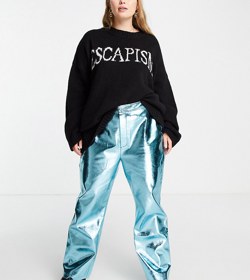 COLLUSION Plus metallic faux leather flares with cut-out in blue-Blues