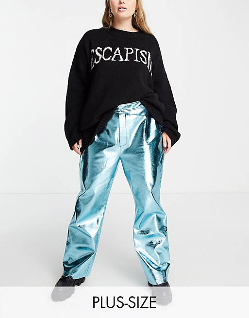 COLLUSION Plus metallic faux leather flares with cut out in blue