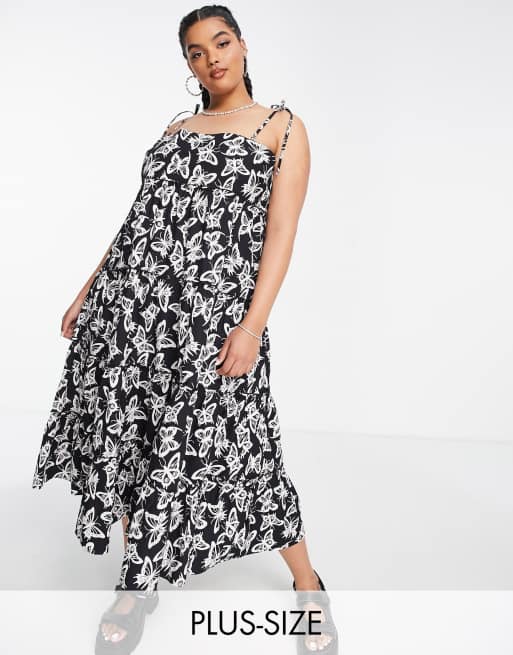 COLLUSION - Plus - Midi cami-jurk met stroken en vlinderprint in zwart