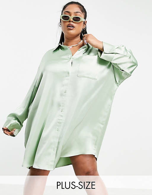 COLLUSION Plus mini satin shirt dress in green