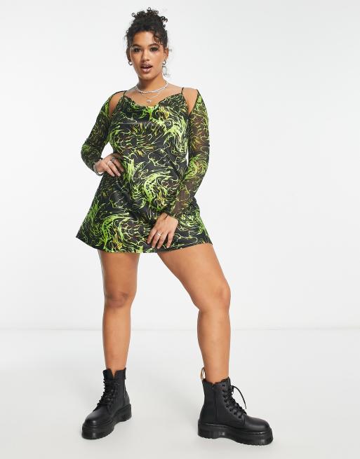 COLLUSION Plus - Mini-slipdress van satijn met gedrapeerde halslijn en mesh bolero in neon multi print , 4 van 4