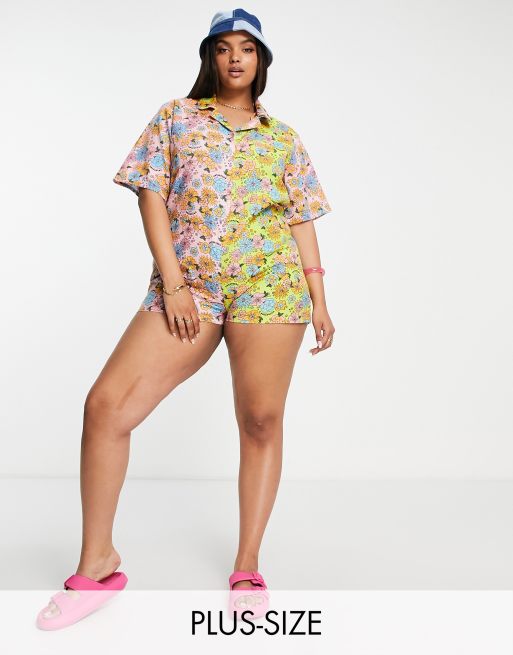 COLLUSION Plus mixed print floral camp collar romper in linen