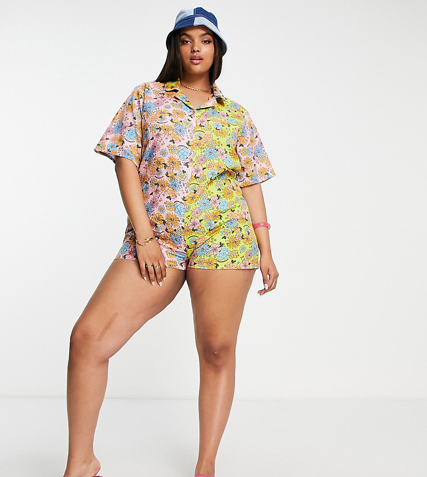 COLLUSION Plus mixed print floral revere playsuit in linen-Multi