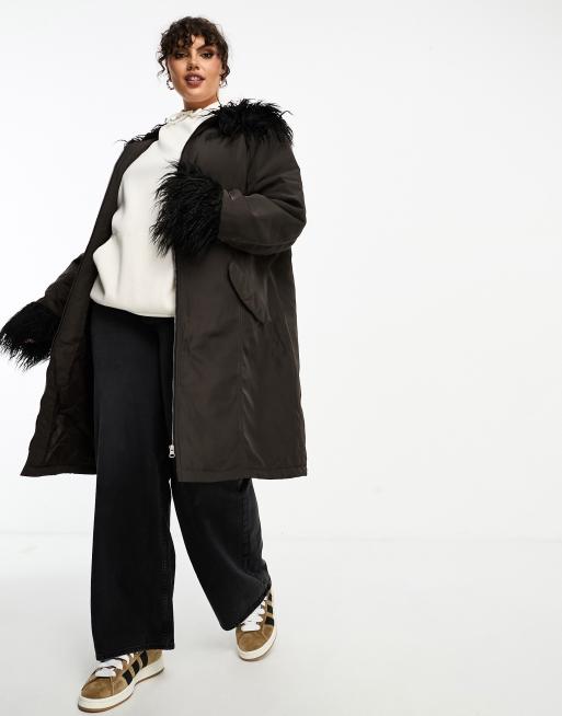 Black faux fur shop trim longline parka