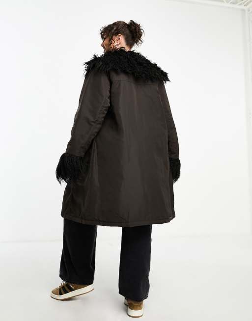 COLLUSION Plus nylon longline fur trim coat in brown with black faux fur