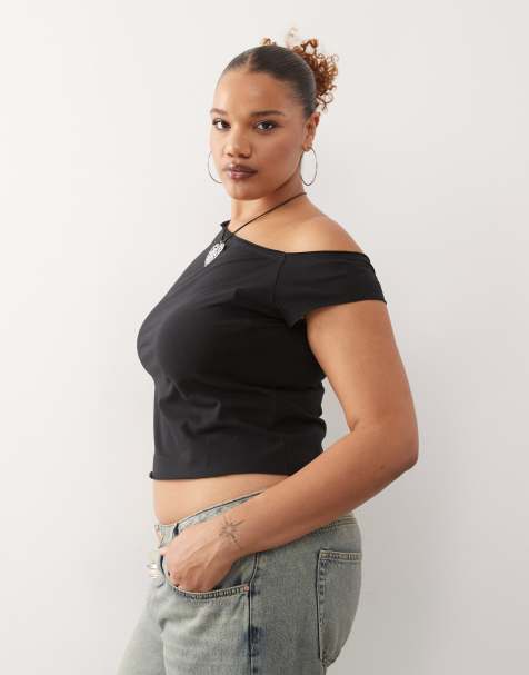 COLLUSION Plus off the shoulder short sleeve top in black - view 1