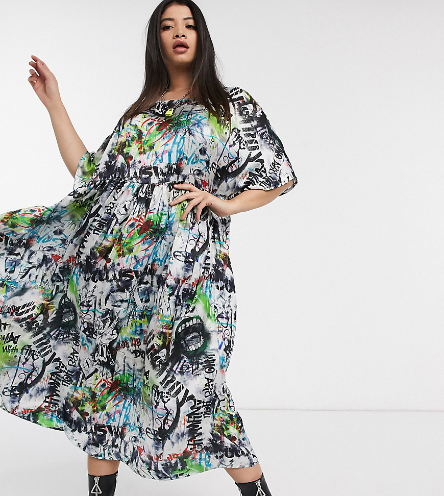 COLLUSION Plus - Oversized aangerimpelde jurk met graffitiprint-Multi