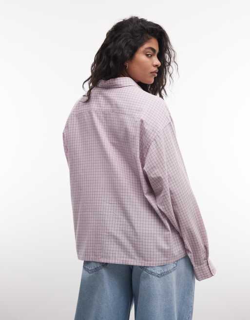 COLLUSION Plus oversized boxy long sleeve shirt in pink grid check, 4 of 4