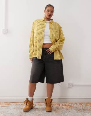 Collusion Plus Oversized Linen Blend Shirt Yellow Stripe