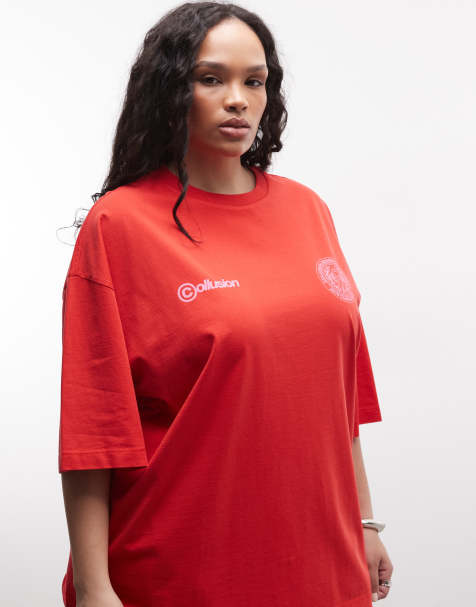 COLLUSION Plus oversized logo graphic tee in red - view 1