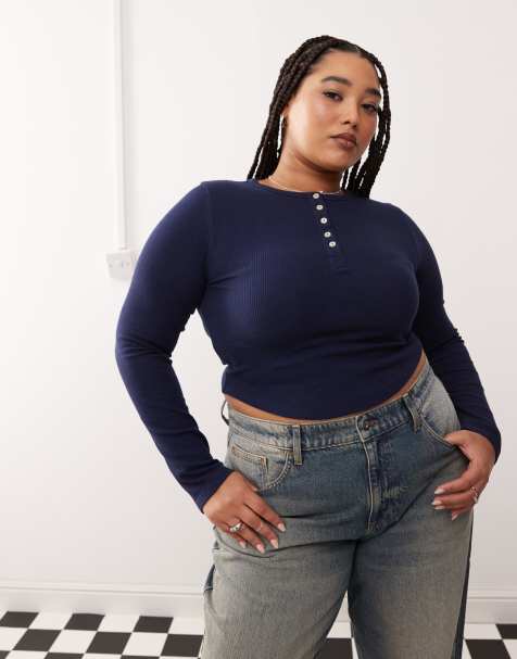 COLLUSION Plus oversized long sleeve henley top in navy waffle - view 1