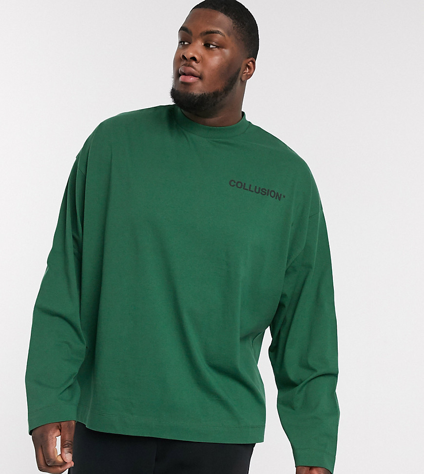 COLLUSION Plus oversized long sleeve t-shirt with raised logo print in khaki-Green