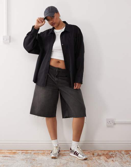COLLUSION Plus - Oversized overhemd met linnenlook in zwart, 2 van 4