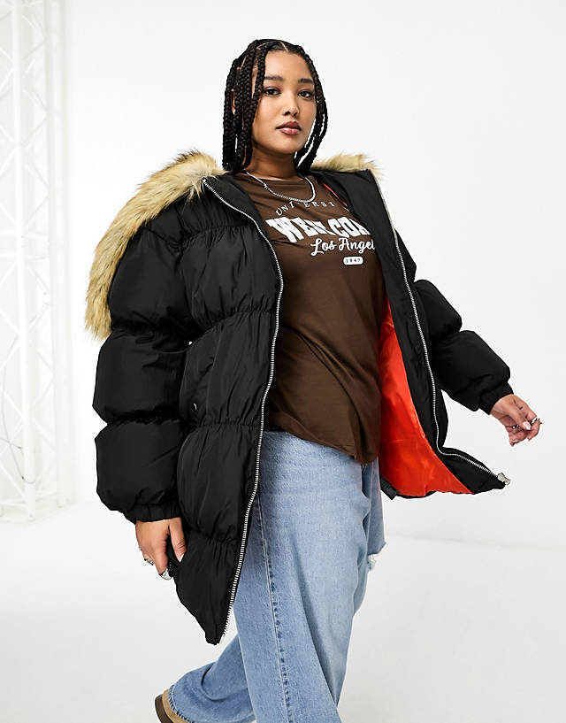 Collusion - plus oversized parka jacket with faux fur hood in black