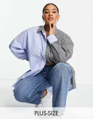 COLLUSION Plus oversized splice gingham check shirt in blue and black