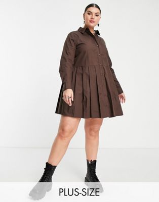 COLLUSION Plus pleated mini shirt dress in brown