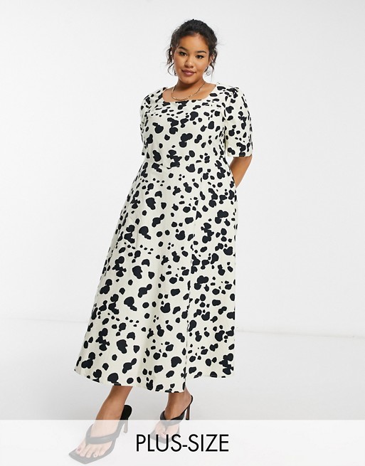 COLLUSION Plus pointed waist puff sleeve animal print midi dress in beige and black
