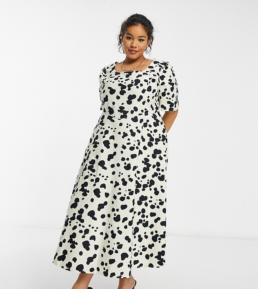 COLLUSION Plus pointed waist puff sleeve animal print midi dress in beige and black-Neutral