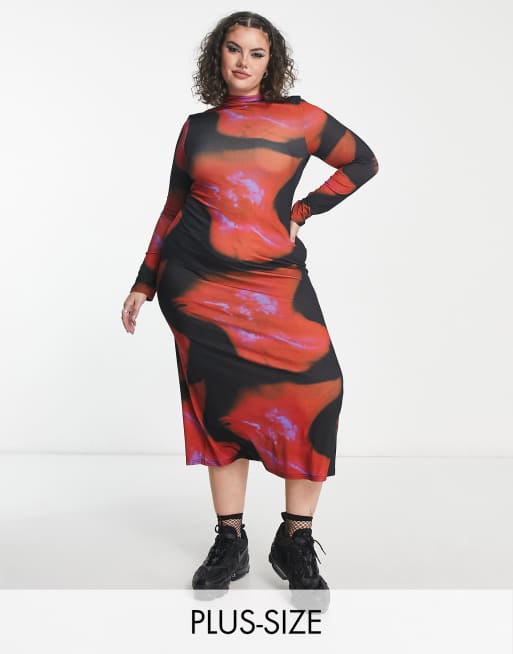 COLLUSION Plus printed long sleeve midi dress in multi 