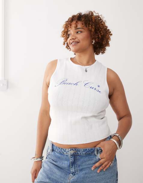 COLLUSION plus printed pointelle tank top in white - view 1