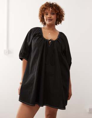 Collusion Plus Puff Sleeve Mini Smock Swing Dress In Black