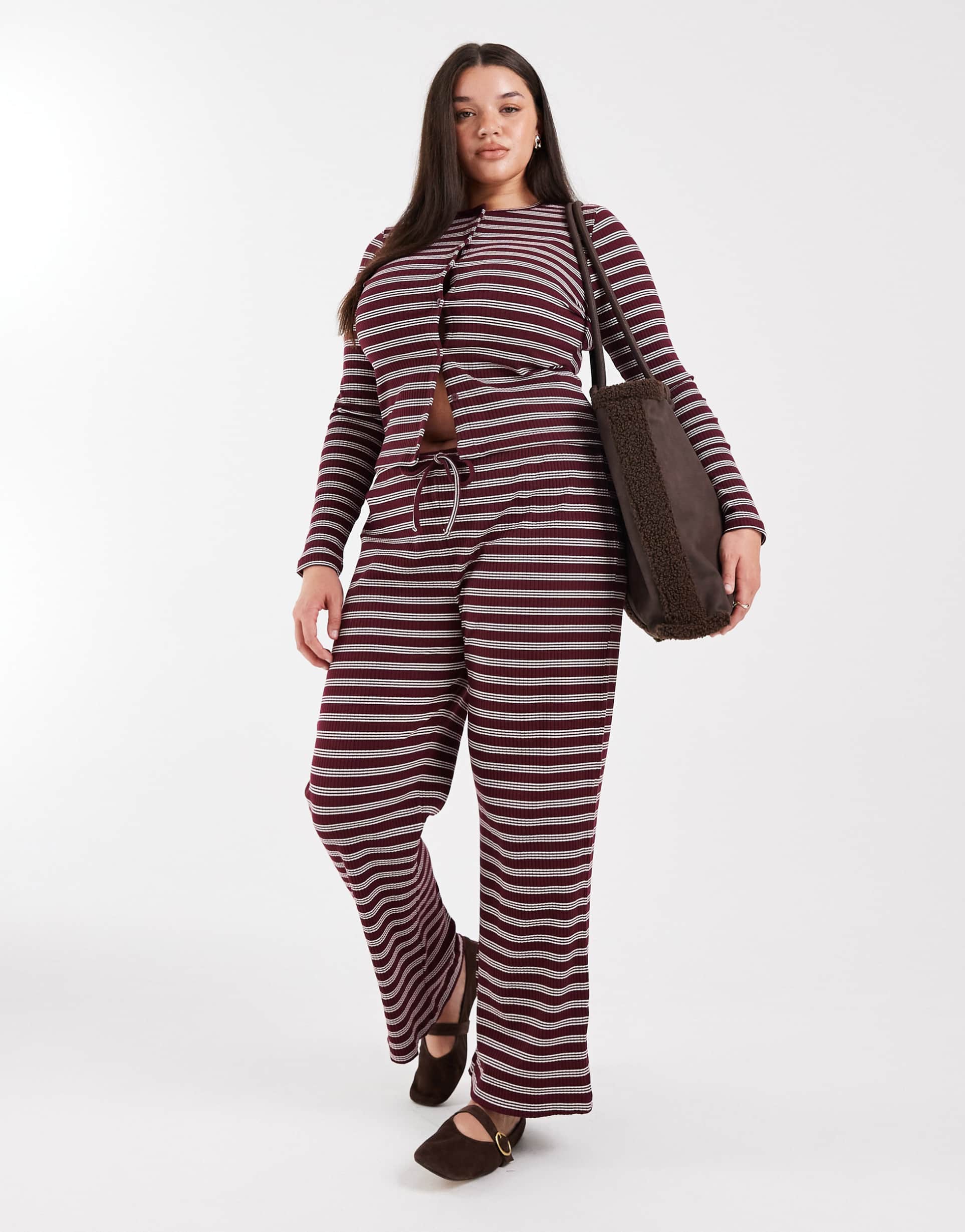 collusion plus relaxed rib knit pants in maroon stripes - part of a set
