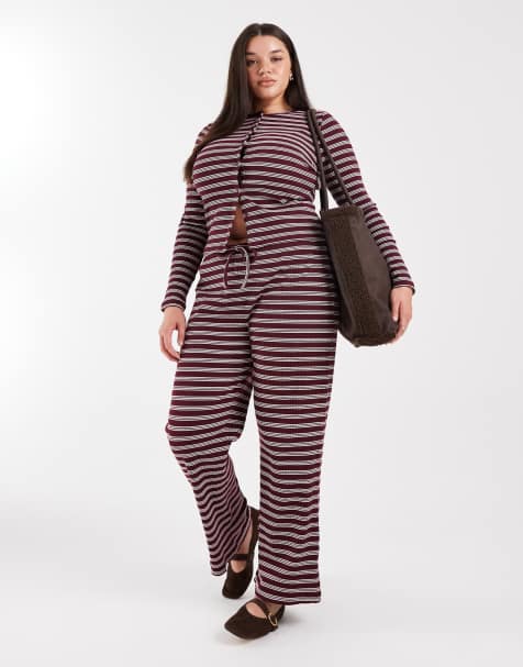 COLLUSION PLUS relaxed rib trousers in maroon stripe co-ord PLUS - view 1