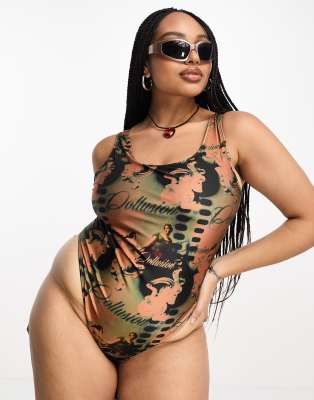 Collusion Plus Renaissance Printed Swimsuit In Brown