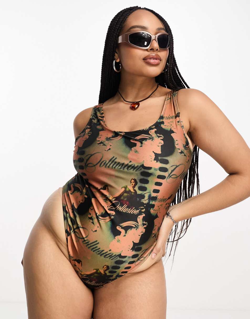 COLLUSION PLUS renaissance printed swimsuit in brown