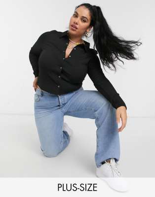 COLLUSION Plus rib long sleeve polo top with ring snaps in black