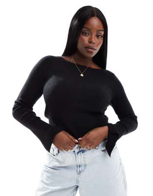 Collusion Plus Ribbed Slash Neck Fine Gauge Sweater In Black