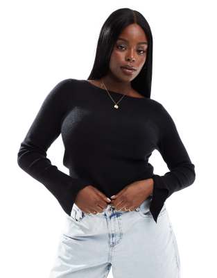 Plus ribbed slash neck fine gauge sweater in black