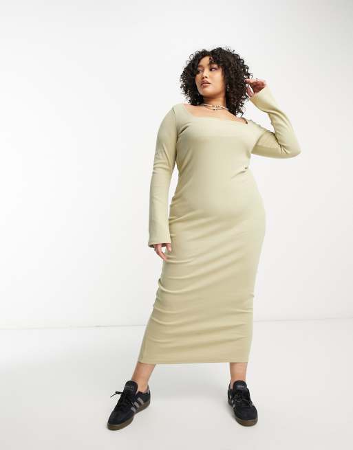  COLLUSION Plus ribbed square neck long sleeve midi dress in green