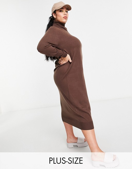 COLLUSION Plus roll neck jumper dress in chocolate brown
