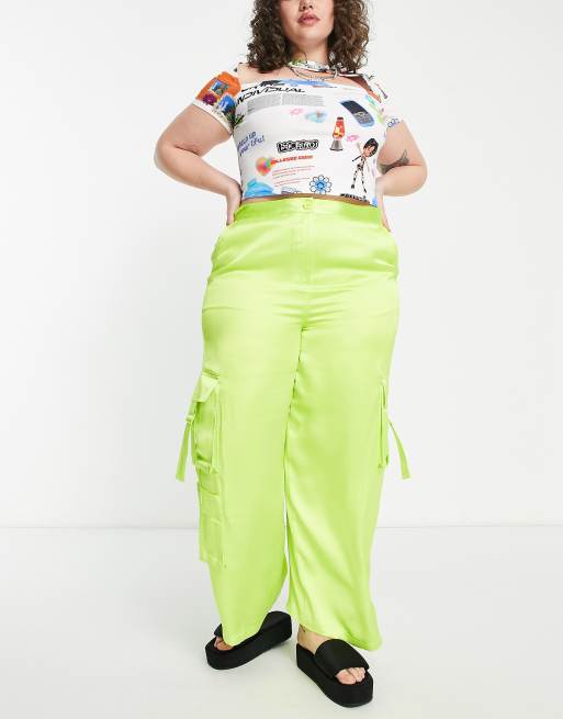 COLLUSION Plus satin cargo pants in lime green, 3 of 4