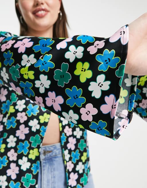 COLLUSION Plus satin fluted sleeve open shirt in floral print co-ord, 3 of 4