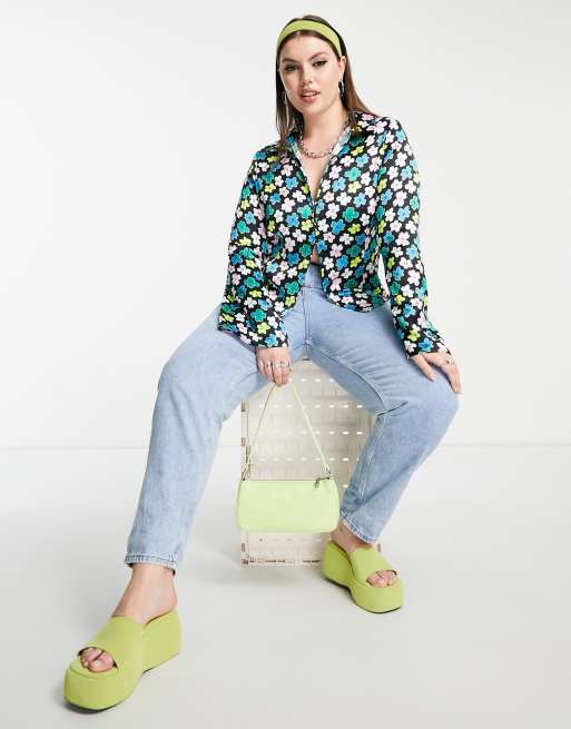 COLLUSION Plus satin fluted sleeve open shirt in floral print co-ord, 4 of 4