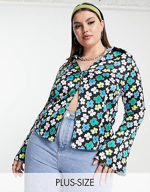 COLLUSION Plus satin fluted sleeve open shirt in floral print (part of a set)