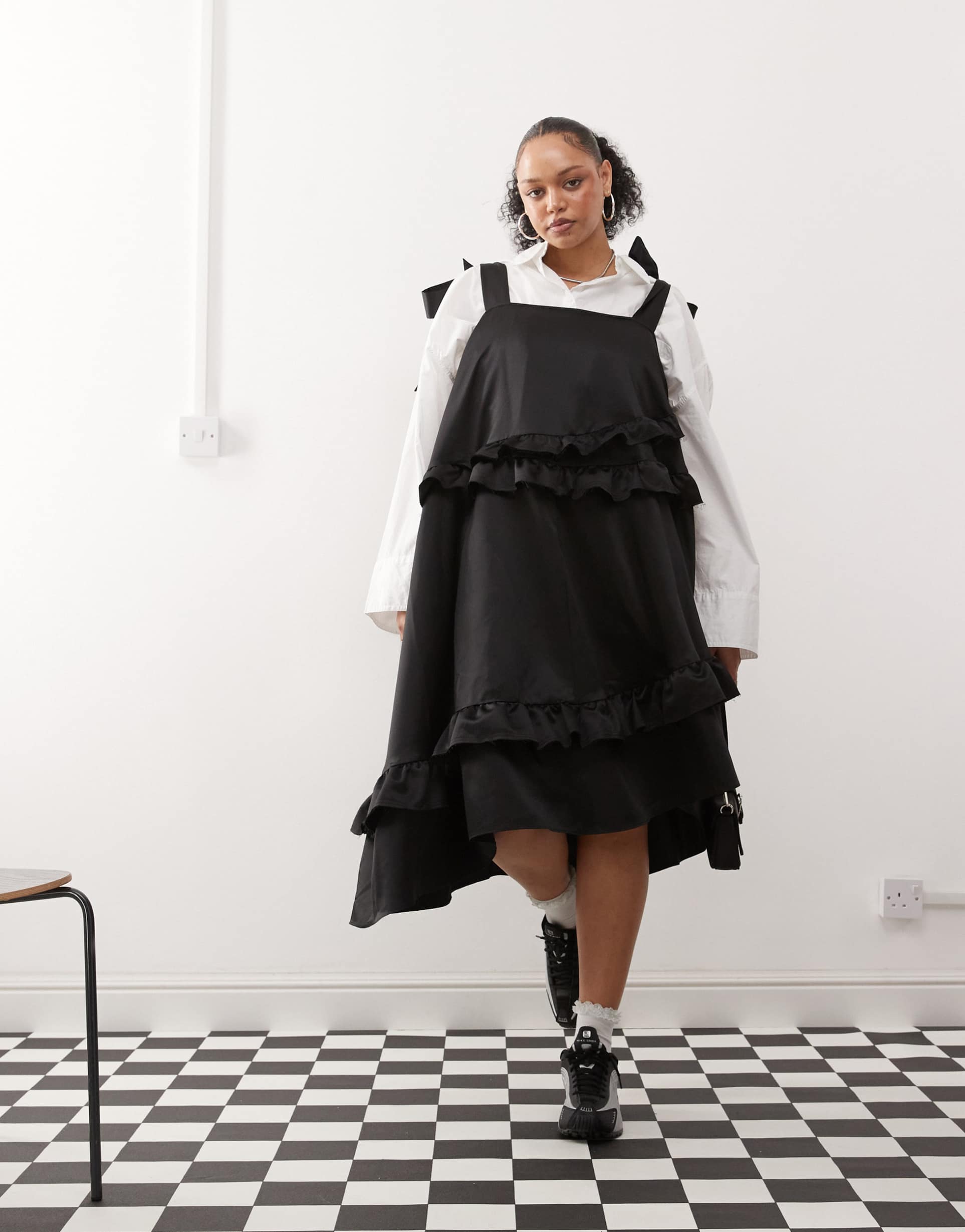 collusion plus satin ruffle smock dress in black