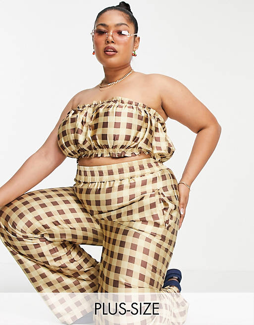 COLLUSION Plus satin top co-ord in green and brown check