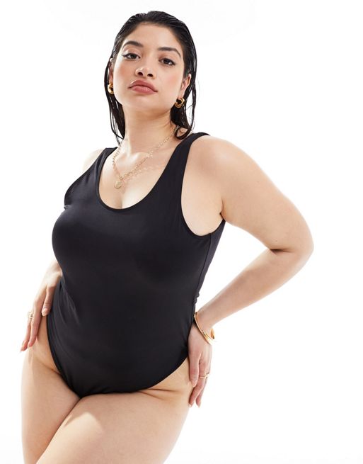 COLLUSION Plus scoop branded swimsuit in black (part of a set)