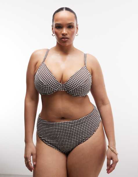 COLLUSION Plus seersucker gingham bikini in brown - view 1