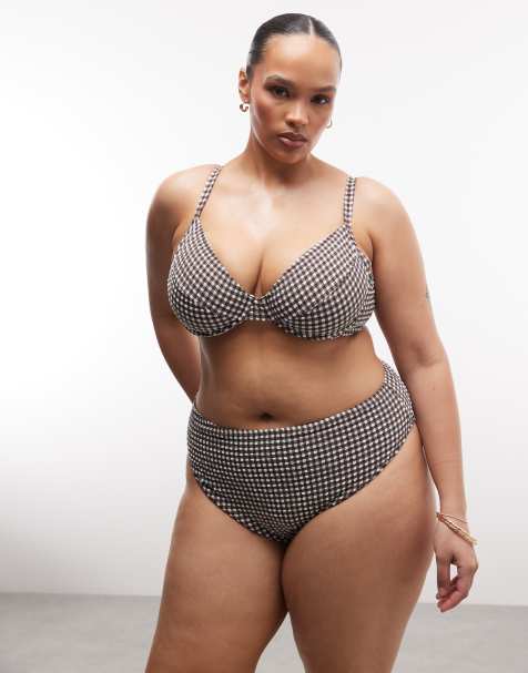 COLLUSION Plus seersucker gingham high waist bikini bottom in brown - view 1