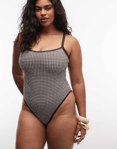 COLLUSION Plus seersucker straight neck swimsuit in brown gingham - view 1