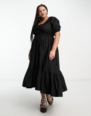 COLLUSION Plus shirred bodice maxi smock dress in black