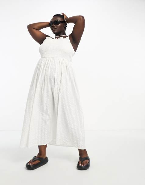 COLLUSION Plus shirred bodice summer maxi smock dress in white