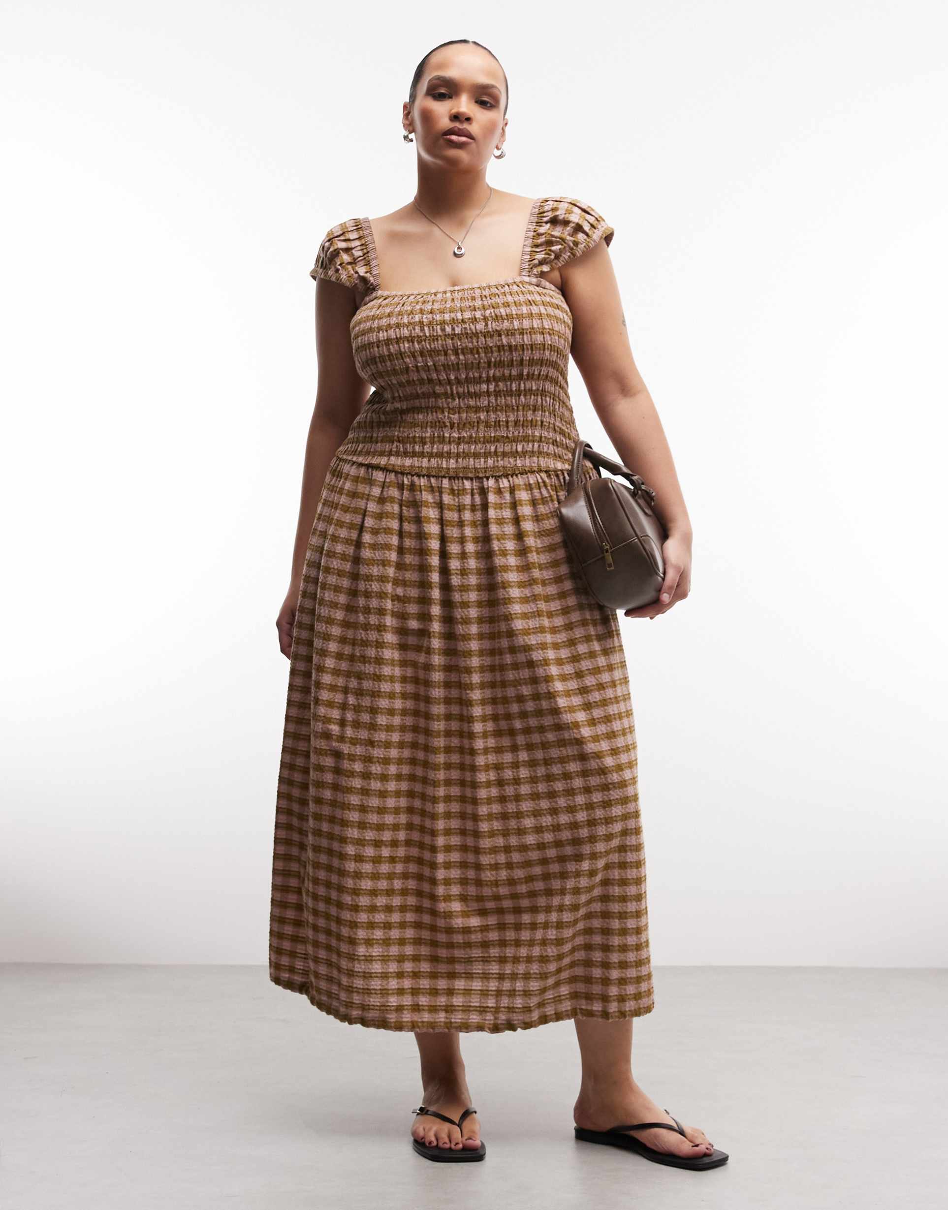 collusion plus shirred cap sleeve midi dress in green check