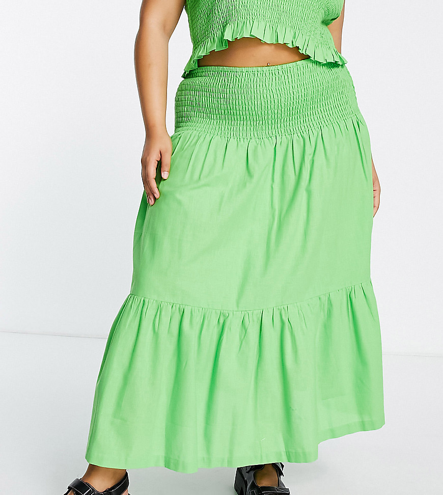 Plus-size skirt by COLLUSION Exclusive to ASOS Tiered design High rise Shirred-stretch waist Regular fit