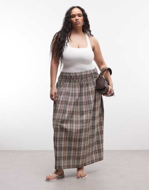 COLLUSION Plus shirred waistband maxi skirt in brown plaid - view 1
